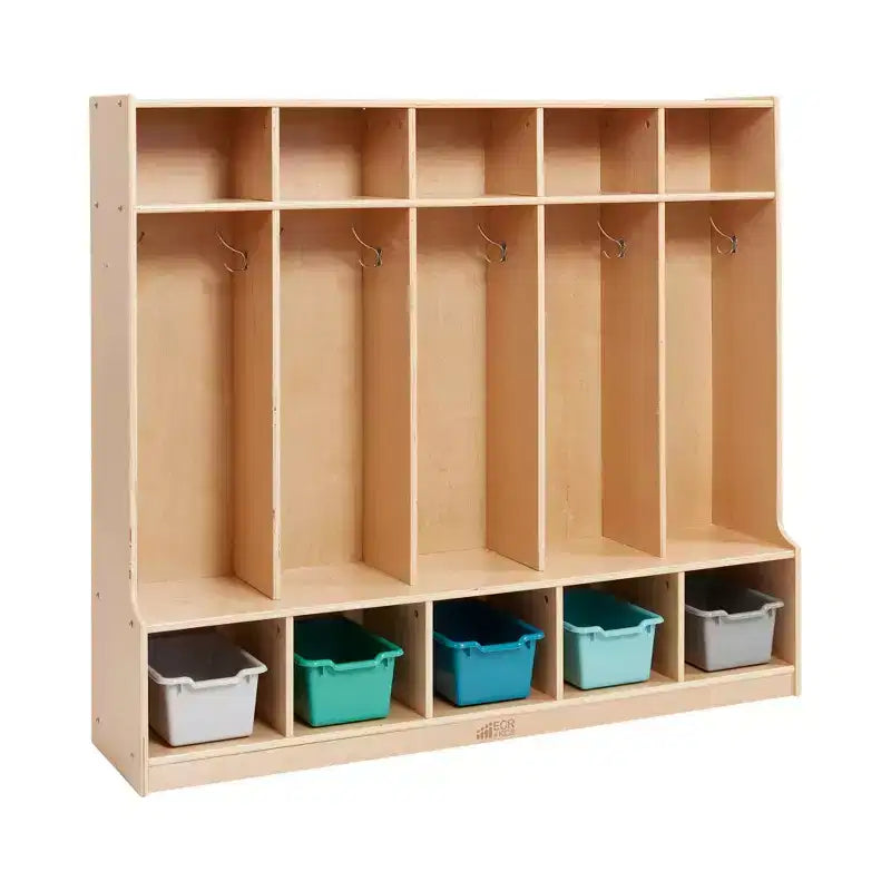 5-Section Kids Coat Locker with Bench & 5 Storage Bins – Birch Wood, GREENGUARD Gold