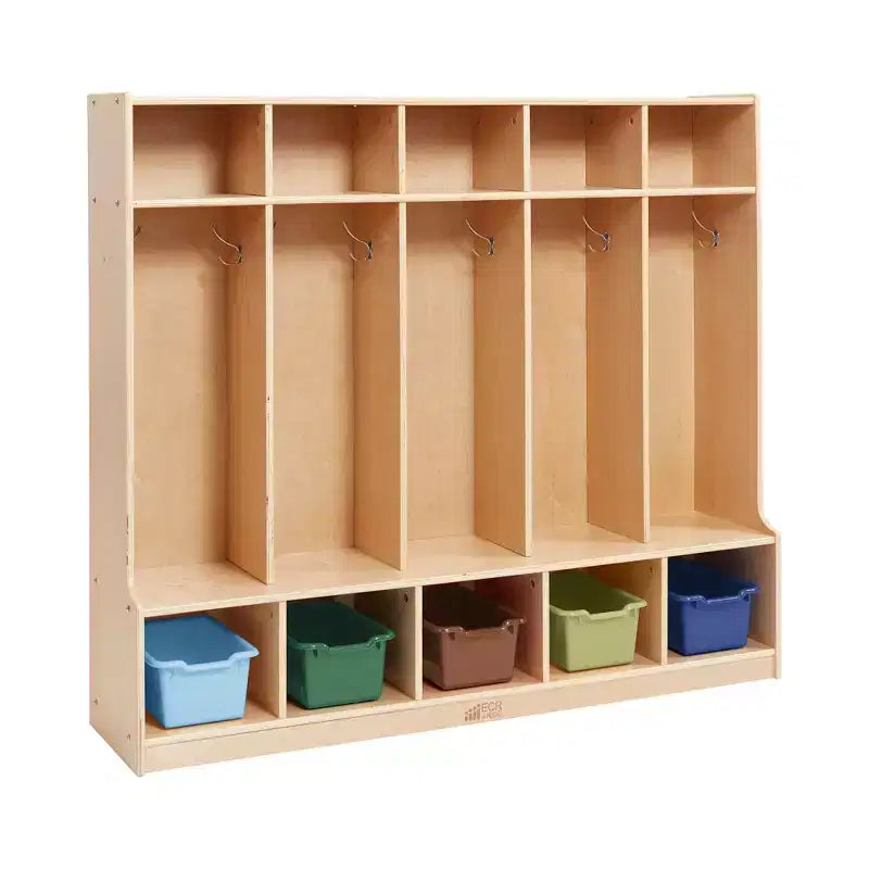 5-Section Kids Coat Locker with Bench & 5 Storage Bins – Birch Wood, GREENGUARD Gold