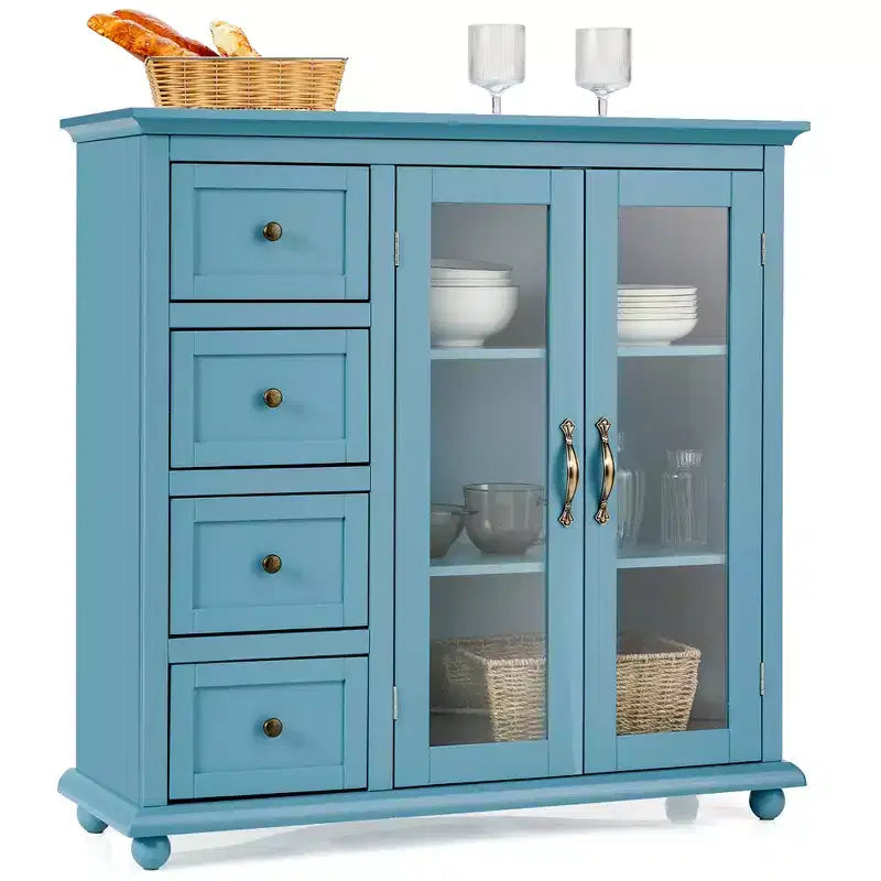 Buffet Sideboard Kitchen Storage Cabinet – 4 Drawers, 2 Glass Doors, MDF, White/Blue/Green