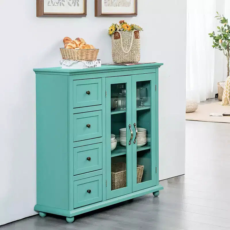 Buffet Sideboard Kitchen Storage Cabinet – 4 Drawers, 2 Glass Doors, MDF, White/Blue/Green