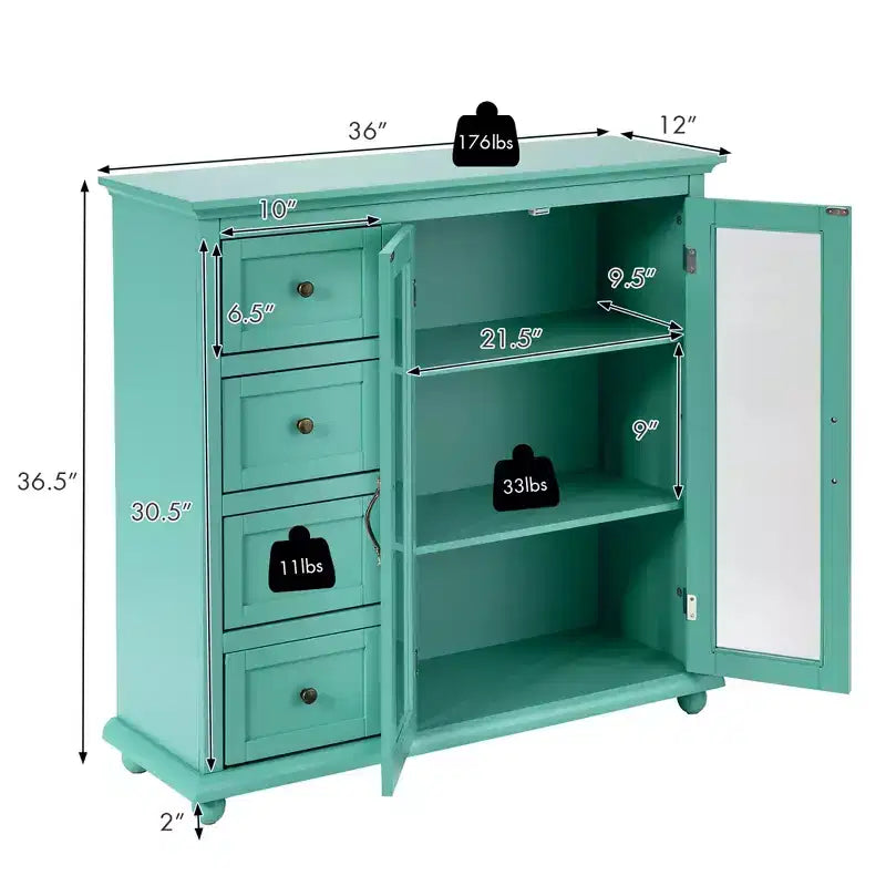 Buffet Sideboard Kitchen Storage Cabinet – 4 Drawers, 2 Glass Doors, MDF, White/Blue/Green