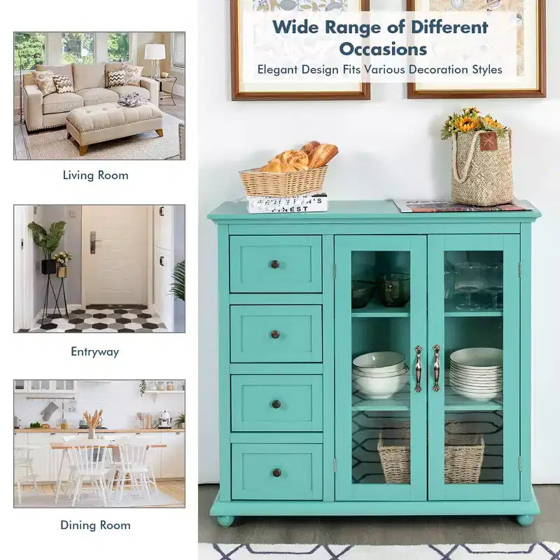 Buffet Sideboard Kitchen Storage Cabinet – 4 Drawers, 2 Glass Doors, MDF, White/Blue/Green