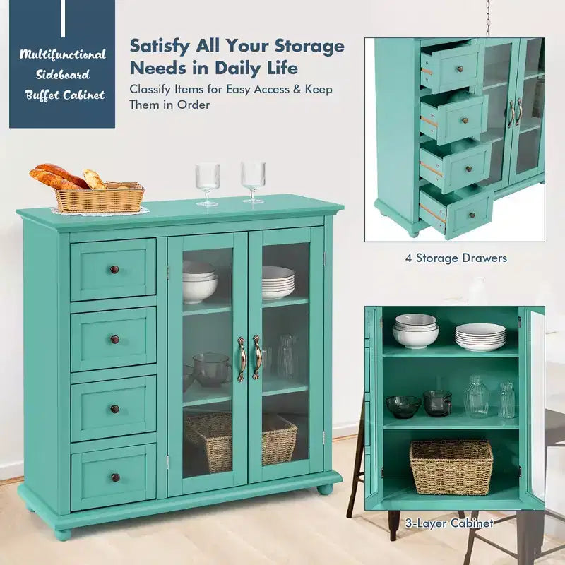 Buffet Sideboard Kitchen Storage Cabinet – 4 Drawers, 2 Glass Doors, MDF, White/Blue/Green
