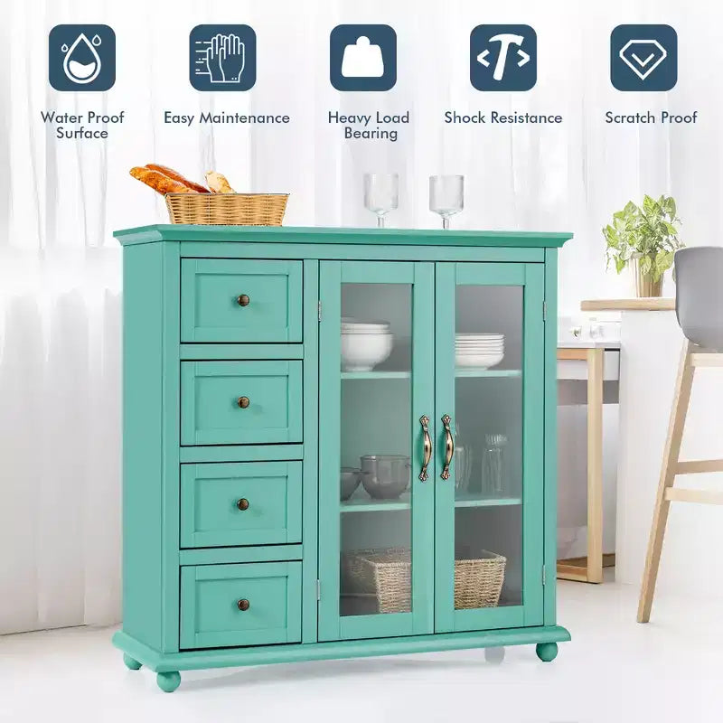 Buffet Sideboard Kitchen Storage Cabinet – 4 Drawers, 2 Glass Doors, MDF, White/Blue/Green