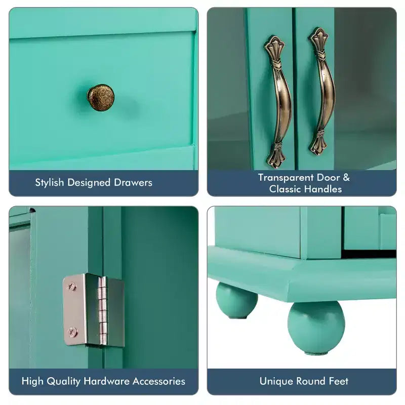 Buffet Sideboard Kitchen Storage Cabinet – 4 Drawers, 2 Glass Doors, MDF, White/Blue/Green