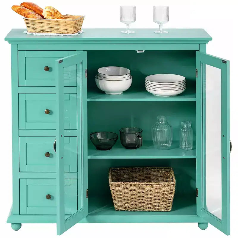 Buffet Sideboard Kitchen Storage Cabinet – 4 Drawers, 2 Glass Doors, MDF, White/Blue/Green