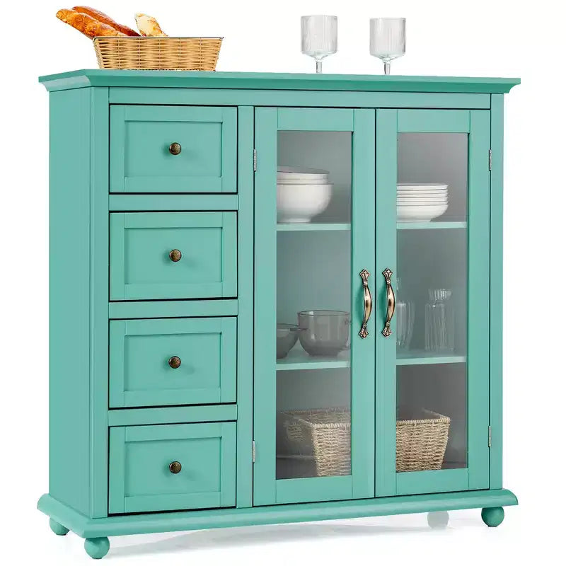 Buffet Sideboard Kitchen Storage Cabinet – 4 Drawers, 2 Glass Doors, MDF, White/Blue/Green