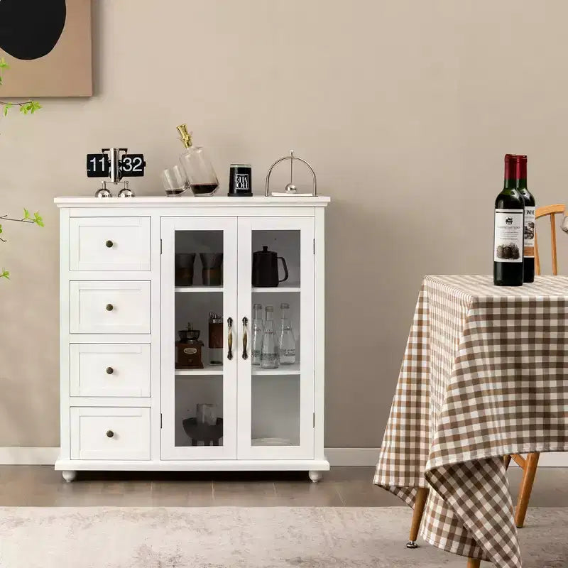 Buffet Sideboard Kitchen Storage Cabinet – 4 Drawers, 2 Glass Doors, MDF, White/Blue/Green