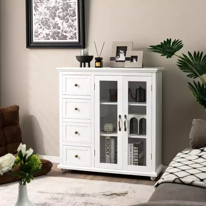 Buffet Sideboard Kitchen Storage Cabinet – 4 Drawers, 2 Glass Doors, MDF, White/Blue/Green