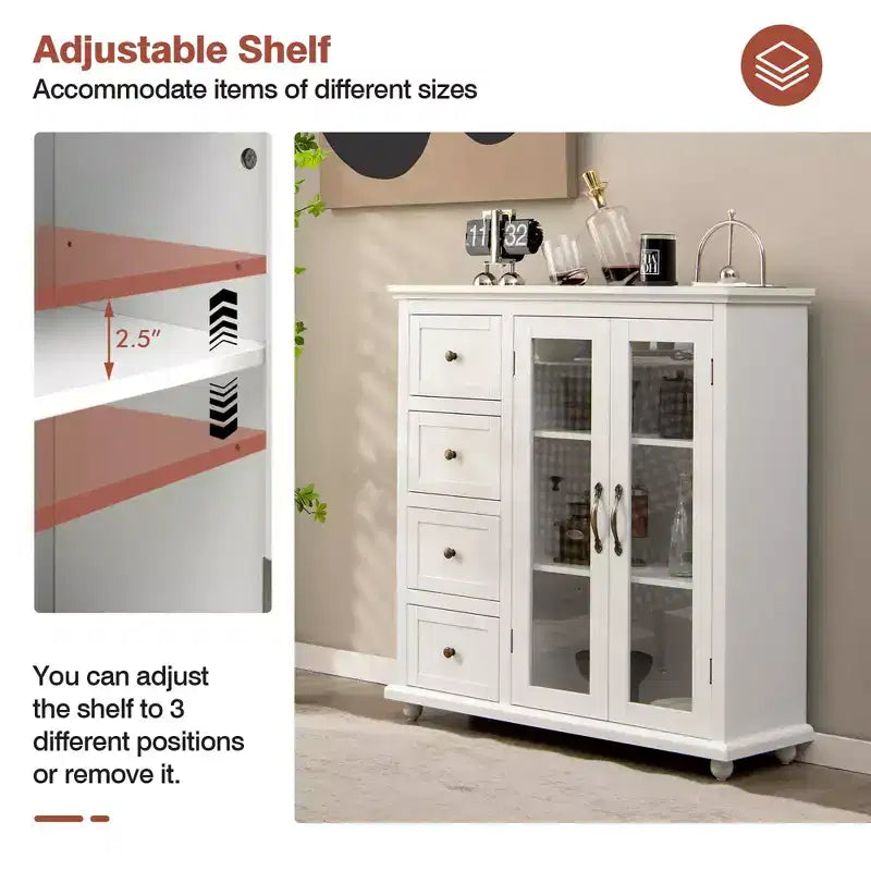 Buffet Sideboard Kitchen Storage Cabinet – 4 Drawers, 2 Glass Doors, MDF, White/Blue/Green