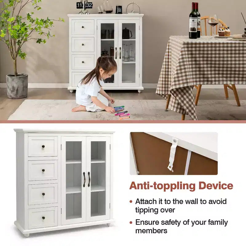 Buffet Sideboard Kitchen Storage Cabinet – 4 Drawers, 2 Glass Doors, MDF, White/Blue/Green