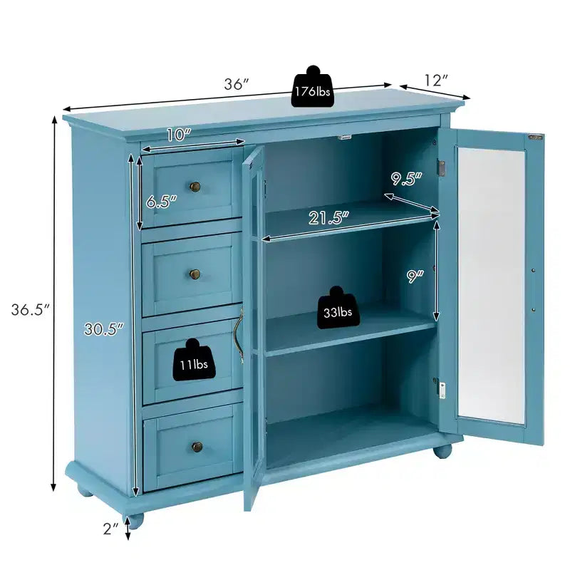 Buffet Sideboard Kitchen Storage Cabinet – 4 Drawers, 2 Glass Doors, MDF, White/Blue/Green