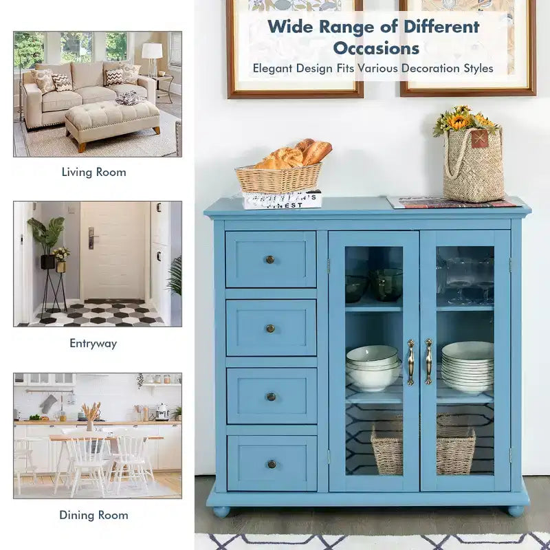 Buffet Sideboard Kitchen Storage Cabinet – 4 Drawers, 2 Glass Doors, MDF, White/Blue/Green