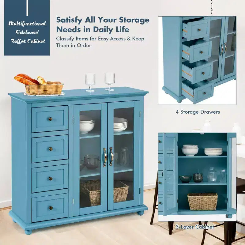 Buffet Sideboard Kitchen Storage Cabinet – 4 Drawers, 2 Glass Doors, MDF, White/Blue/Green