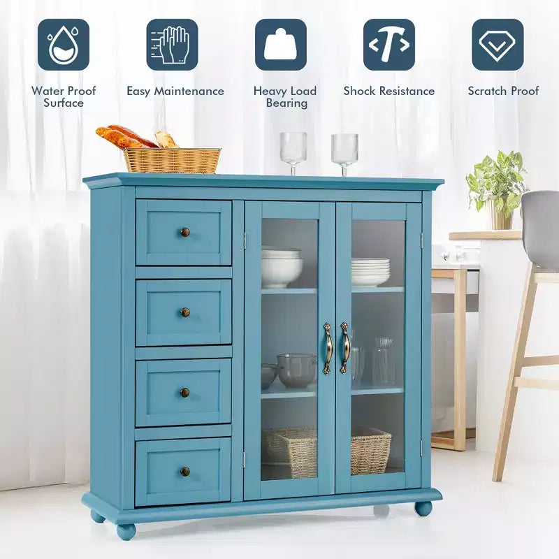 Buffet Sideboard Kitchen Storage Cabinet – 4 Drawers, 2 Glass Doors, MDF, White/Blue/Green