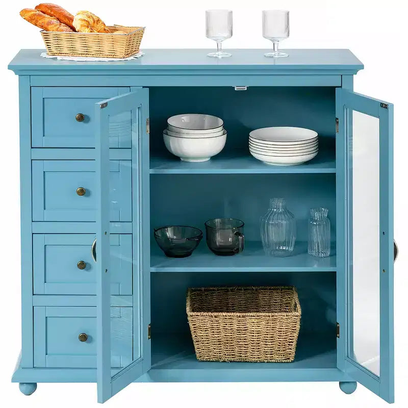 Buffet Sideboard Kitchen Storage Cabinet – 4 Drawers, 2 Glass Doors, MDF, White/Blue/Green
