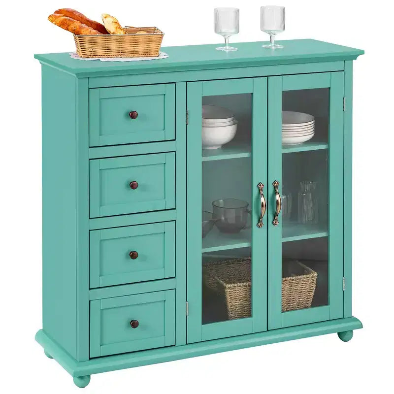Buffet Sideboard Kitchen Storage Cabinet – 4 Drawers, 2 Glass Doors, MDF, White/Blue/Green