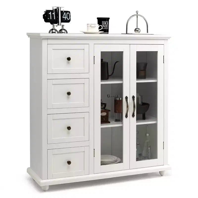 Buffet Sideboard Kitchen Storage Cabinet – 4 Drawers, 2 Glass Doors, MDF, White/Blue/Green