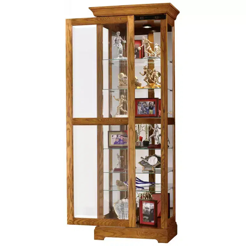 78" Lighted Curio Cabinet with Glass Door – Legacy Oak, 6 Adjustable Shelves, Hardwood