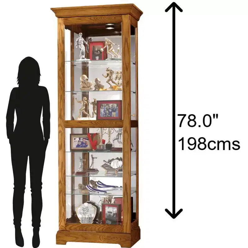 78" Lighted Curio Cabinet with Glass Door – Legacy Oak, 6 Adjustable Shelves, Hardwood