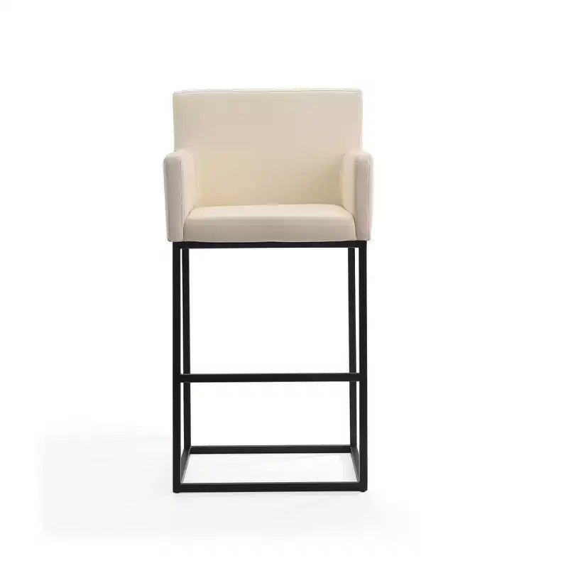Mid-Century Modern Upholstered Metal Barstool – Faux Leather, Arms, Footrest, 30" Seat Height