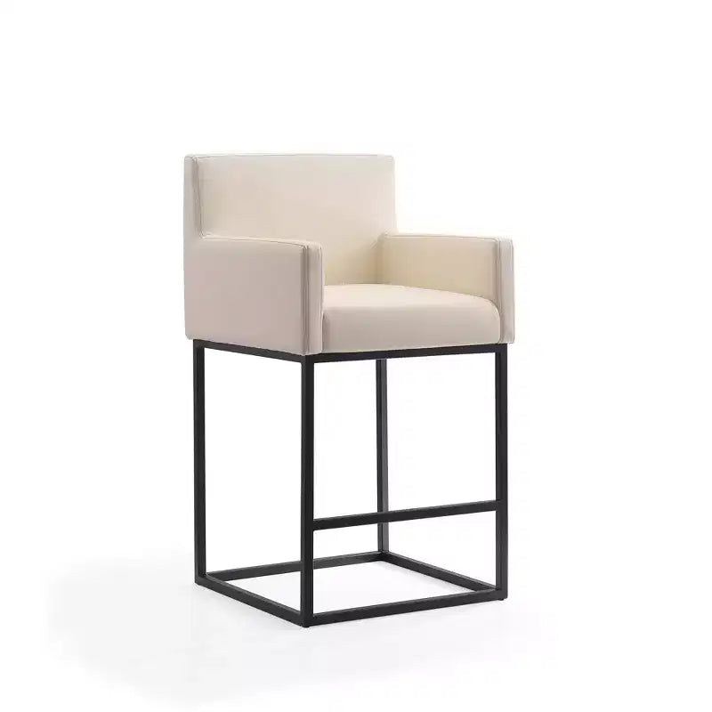 Mid-Century Modern Upholstered Metal Barstool – Faux Leather, Arms, Footrest, 30" Seat Height
