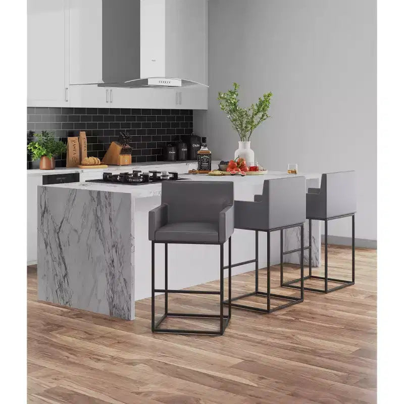 Mid-Century Modern Upholstered Metal Barstool – Faux Leather, Arms, Footrest, 30" Seat Height