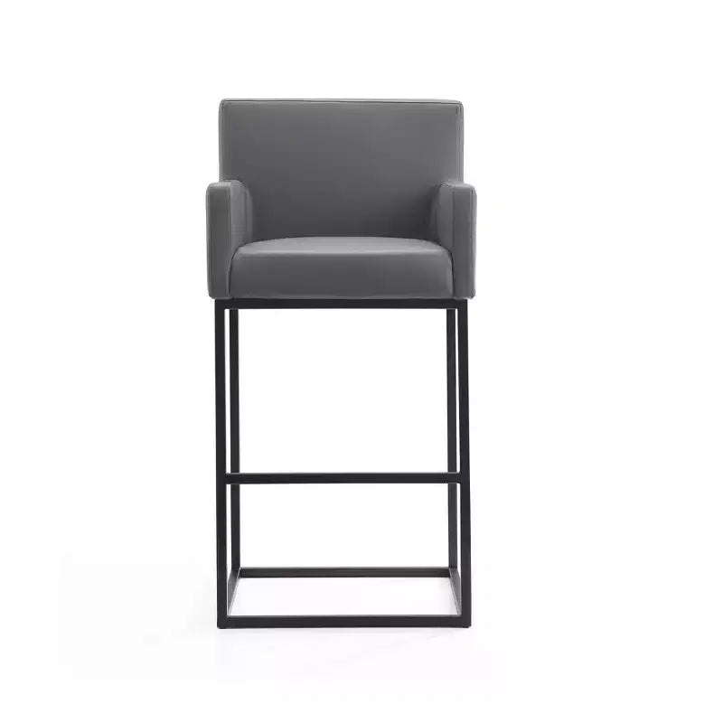 Mid-Century Modern Upholstered Metal Barstool – Faux Leather, Arms, Footrest, 30" Seat Height