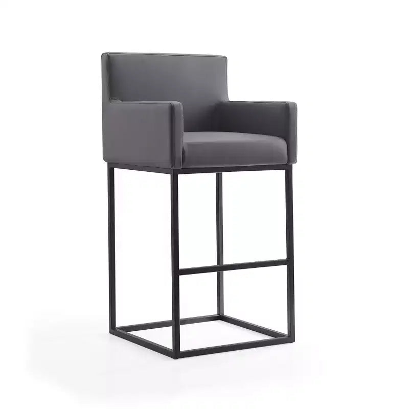 Mid-Century Modern Upholstered Metal Barstool – Faux Leather, Arms, Footrest, 30" Seat Height