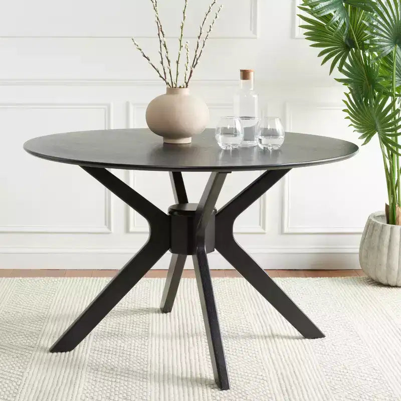 47" Round Modern Dining Table – Matte Black, Rubberwood & MDF, Seats 4–6