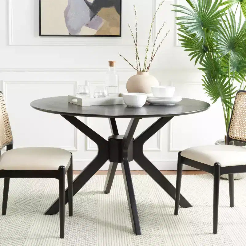 47" Round Modern Dining Table – Matte Black, Rubberwood & MDF, Seats 4–6