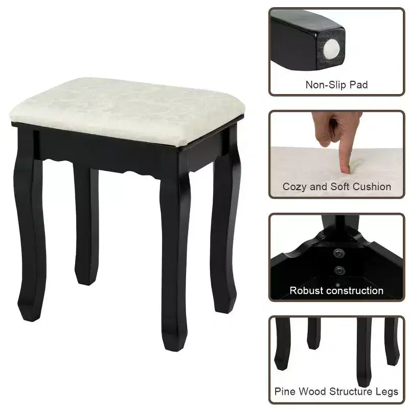 Bedroom Vanity Set with 10 LED Bulbs, 360° Mirror & 3 Drawers – Black, Pine Wood