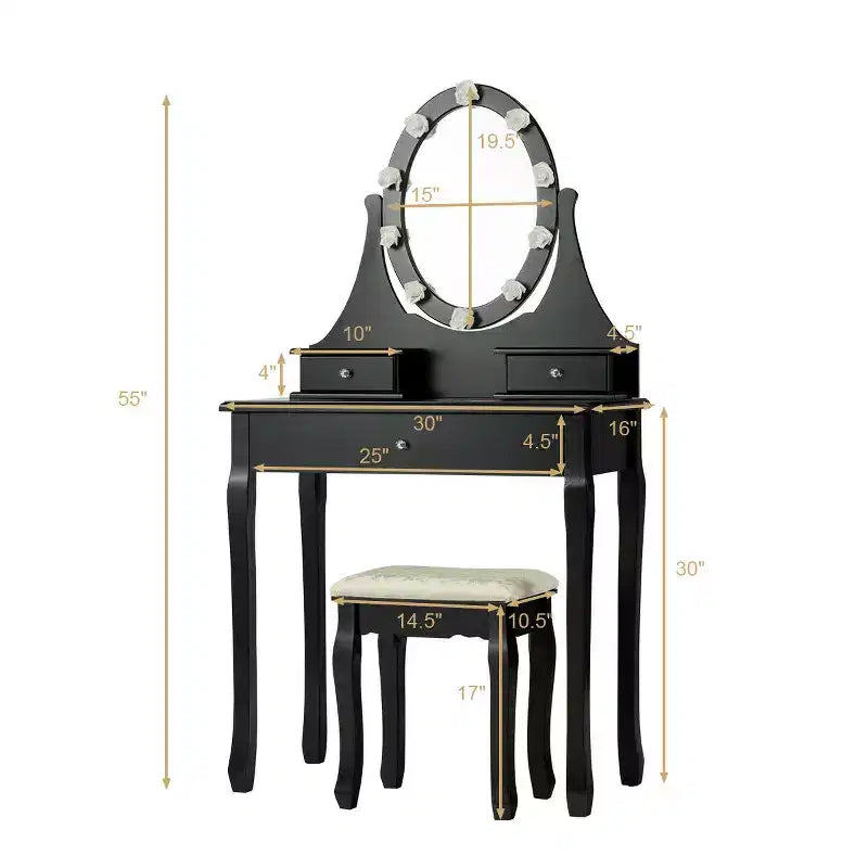 Bedroom Vanity Set with 10 LED Bulbs, 360° Mirror & 3 Drawers – Black, Pine Wood