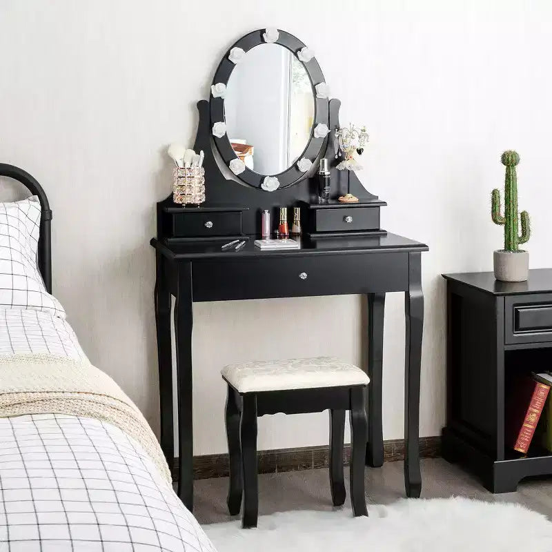 Bedroom Vanity Set with 10 LED Bulbs, 360° Mirror & 3 Drawers – Black, Pine Wood