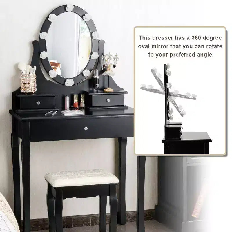 Bedroom Vanity Set with 10 LED Bulbs, 360° Mirror & 3 Drawers – Black, Pine Wood