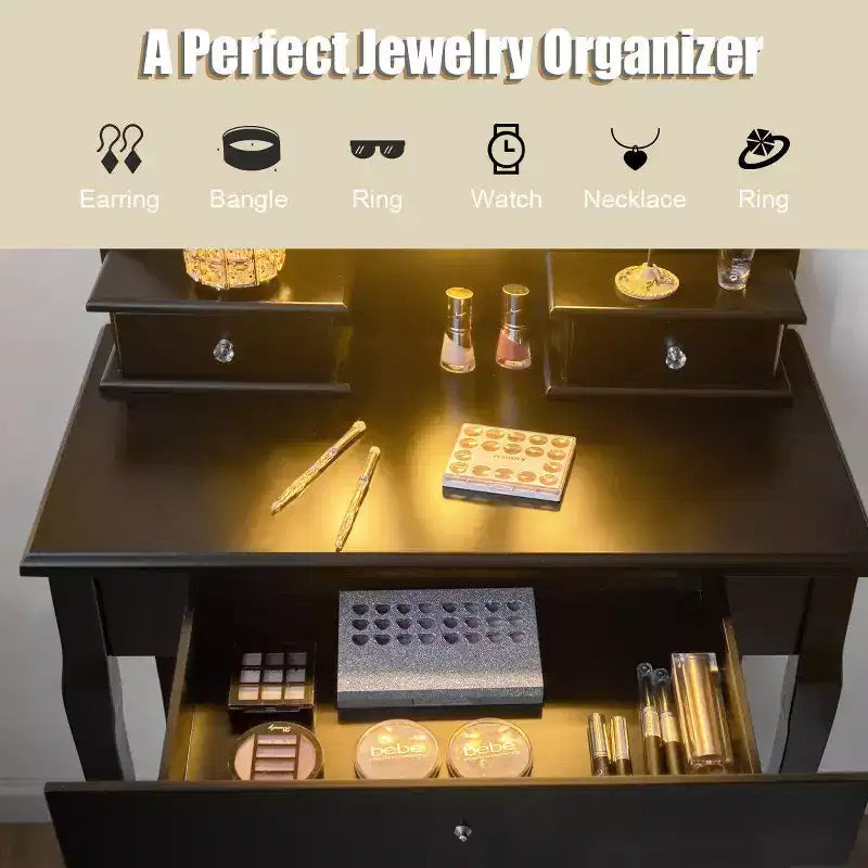 Bedroom Vanity Set with 10 LED Bulbs, 360° Mirror & 3 Drawers – Black, Pine Wood