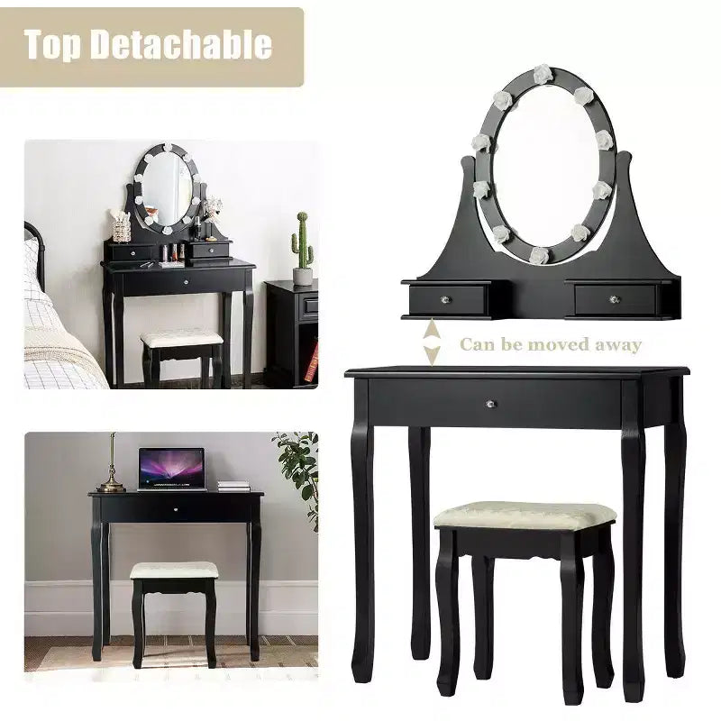 Bedroom Vanity Set with 10 LED Bulbs, 360° Mirror & 3 Drawers – Black, Pine Wood