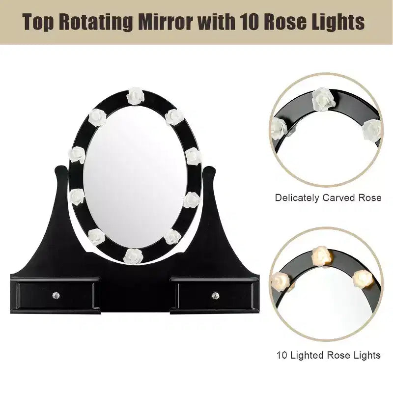 Bedroom Vanity Set with 10 LED Bulbs, 360° Mirror & 3 Drawers – Black, Pine Wood