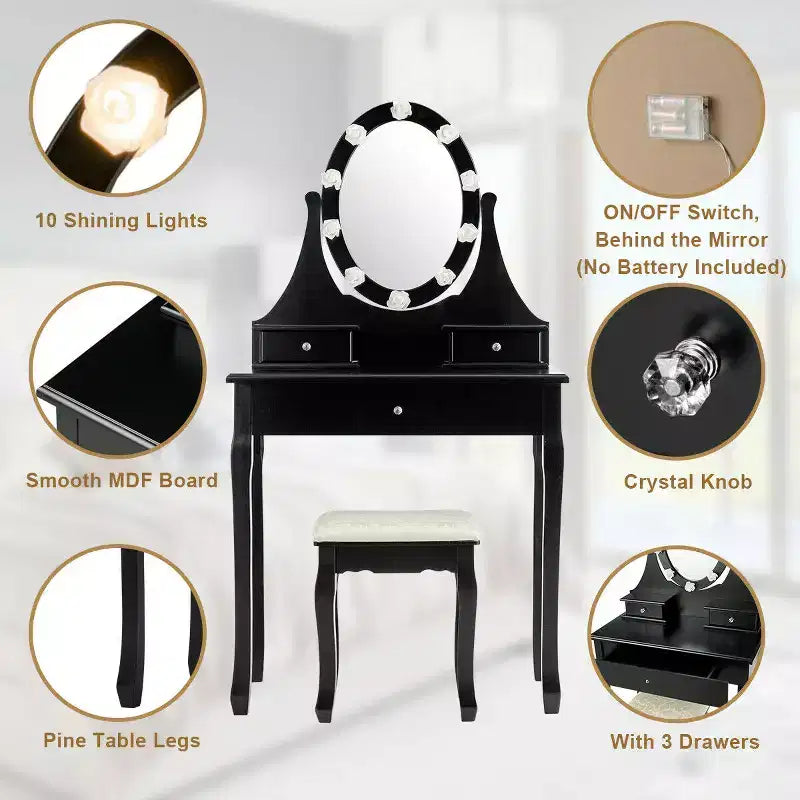 Bedroom Vanity Set with 10 LED Bulbs, 360° Mirror & 3 Drawers – Black, Pine Wood