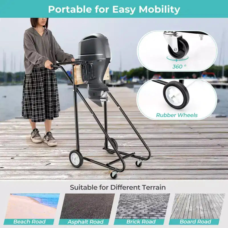 Heavy-Duty Outboard Boat Motor Stand Cart – 330 lb Capacity, 4 Wheels, Iron & Plywood