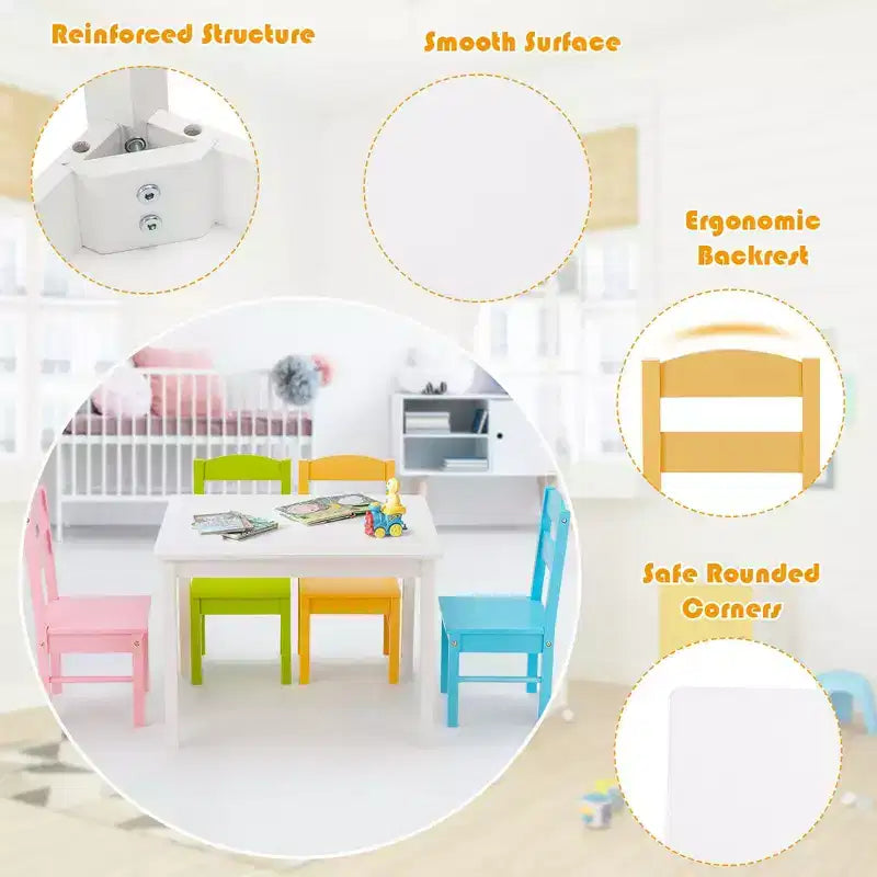 5-Piece Kids Wood Table & Chair Set – Colorful, Ages 2–6, Pine & MDF, EPA Certified