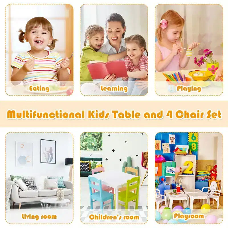 5-Piece Kids Wood Table & Chair Set – Colorful, Ages 2–6, Pine & MDF, EPA Certified