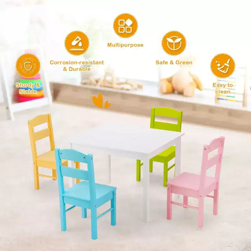 5-Piece Kids Wood Table & Chair Set – Colorful, Ages 2–6, Pine & MDF, EPA Certified