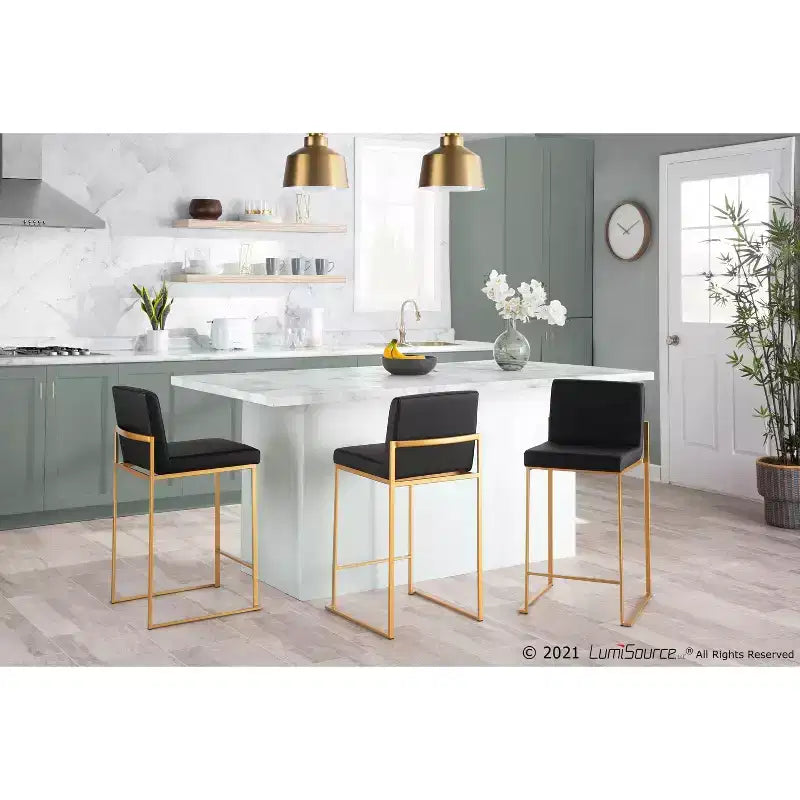 Set of 2 High-Back Counter Height Barstools – Faux Leather, Gold Steel Legs, 26" Seat
