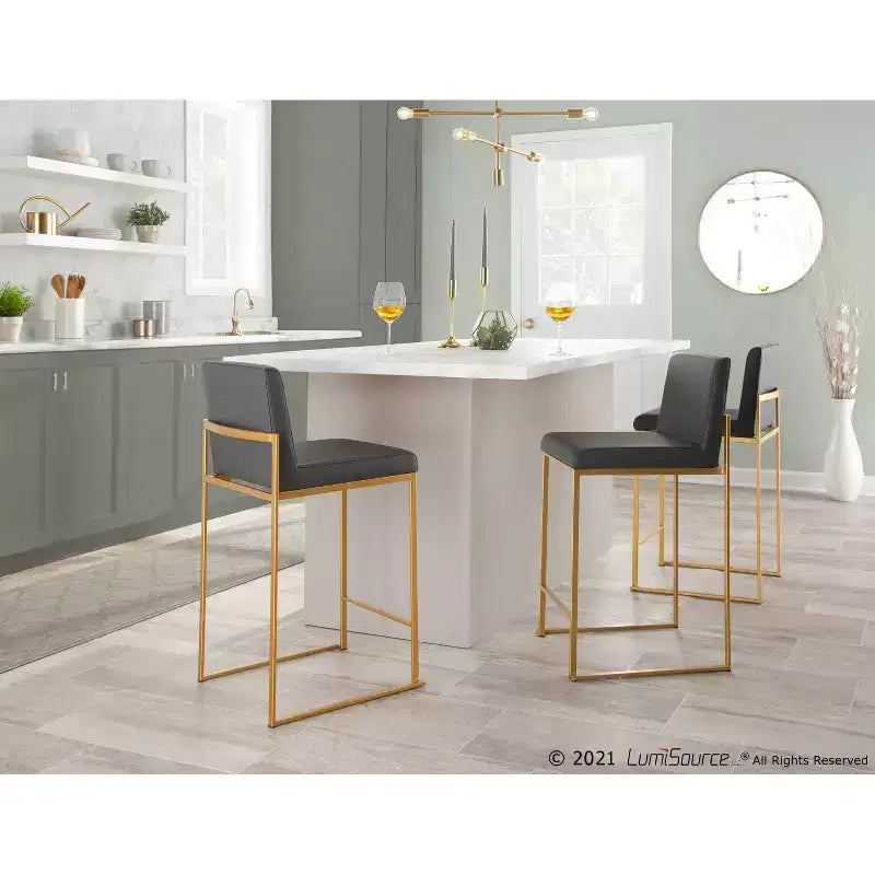 Set of 2 High-Back Counter Height Barstools – Faux Leather, Gold Steel Legs, 26" Seat