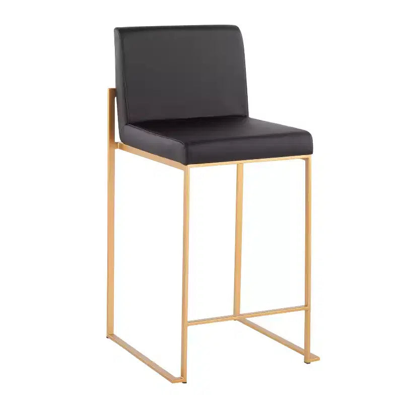 Set of 2 High-Back Counter Height Barstools – Faux Leather, Gold Steel Legs, 26" Seat