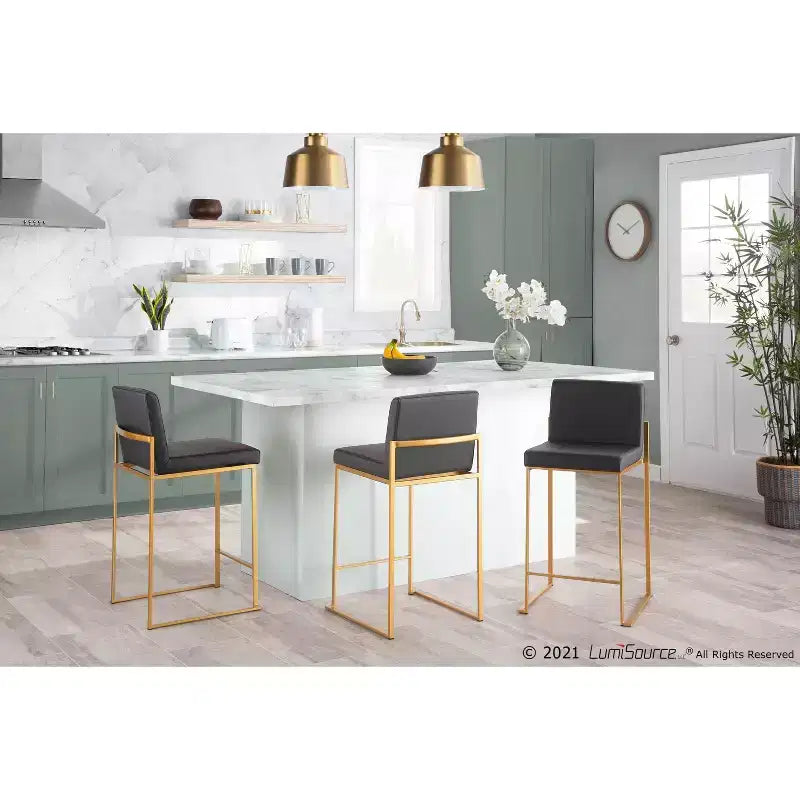 Set of 2 High-Back Counter Height Barstools – Faux Leather, Gold Steel Legs, 26" Seat