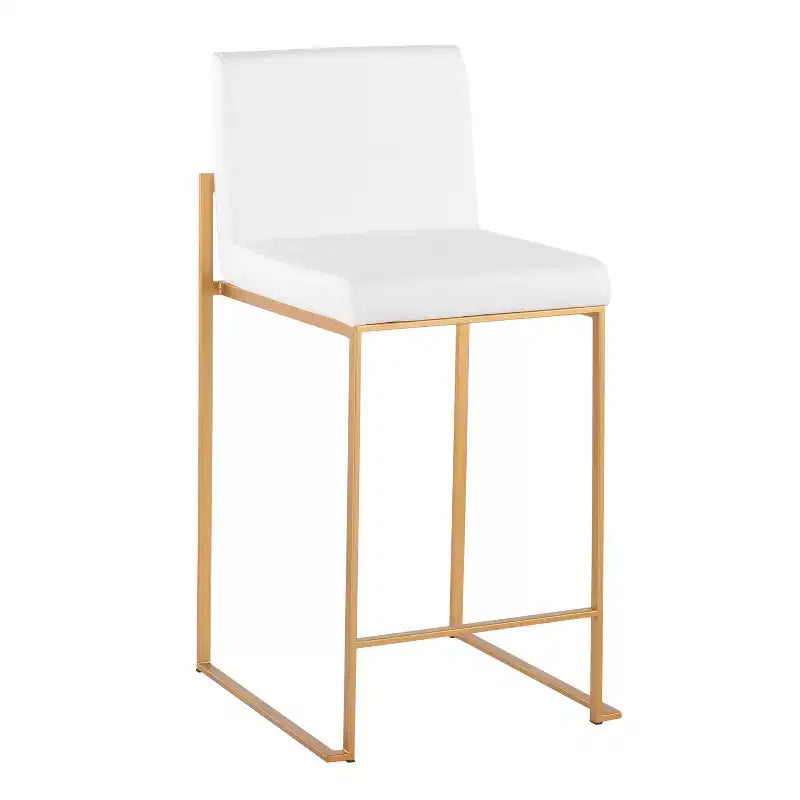 Set of 2 High-Back Counter Height Barstools – Faux Leather, Gold Steel Legs, 26" Seat