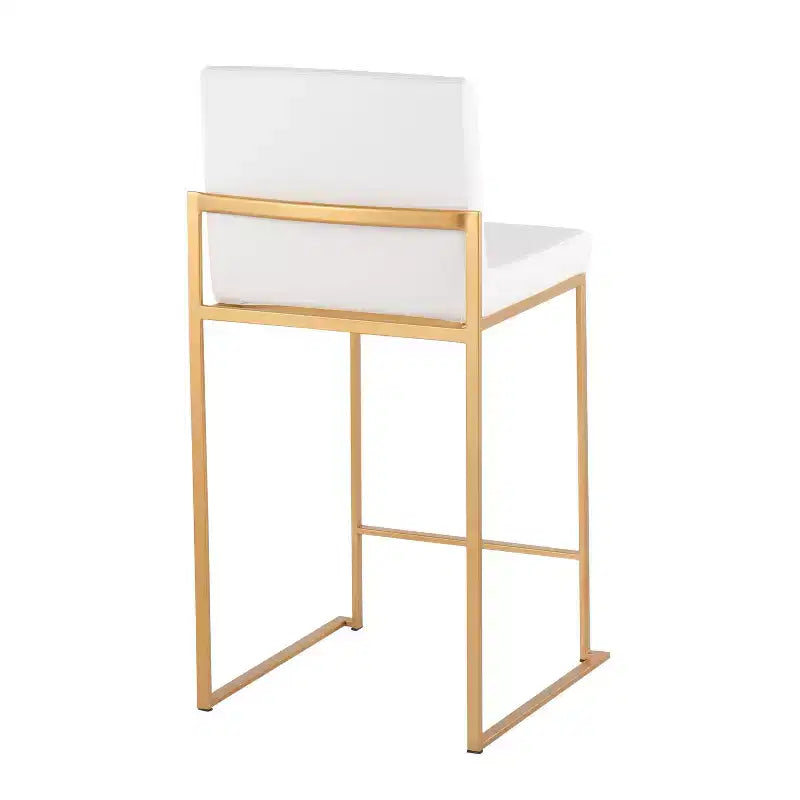 Set of 2 High-Back Counter Height Barstools – Faux Leather, Gold Steel Legs, 26" Seat