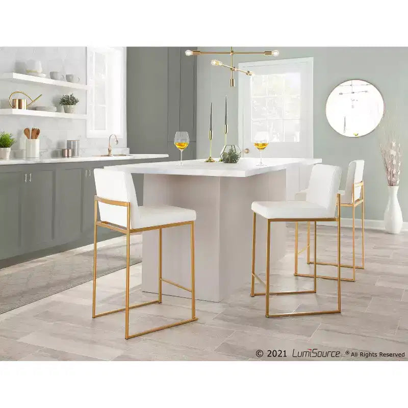 Set of 2 High-Back Counter Height Barstools – Faux Leather, Gold Steel Legs, 26" Seat